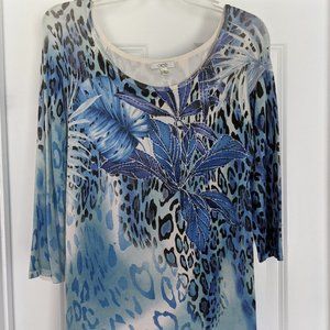 CACHE blue leopard 3/4 sleeve sequined sweater M